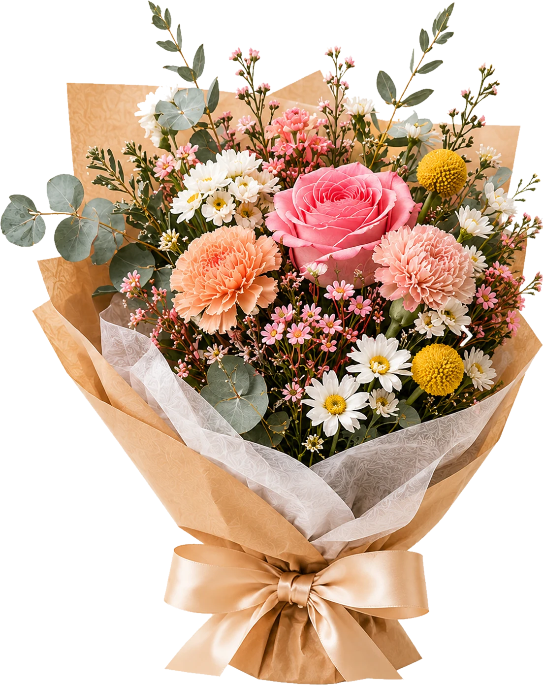 Hand-tied bouquet of pink roses, peach carnations, white daisies and eucalyptus wrapped in kraft paper with a gold ribbon, by Adriana Florist in Petersham